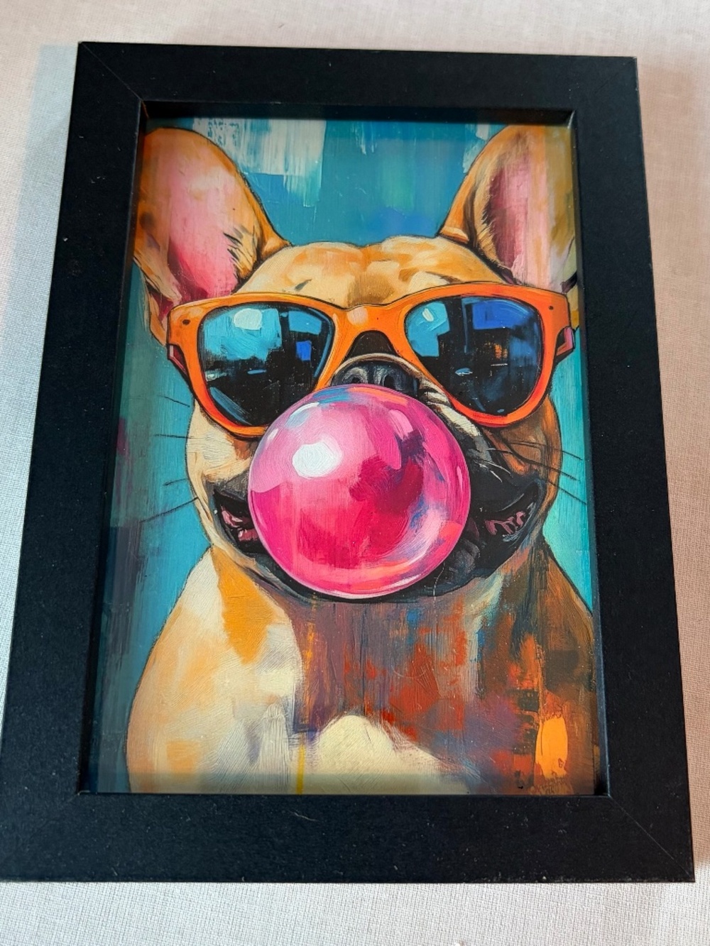 Framed French Bulldog with Bubble Gum Pop Art Print 4.75" x 6.75"